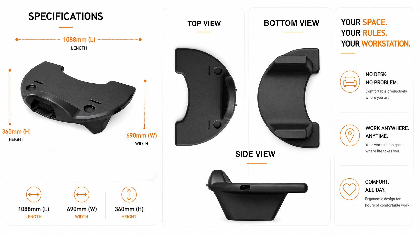 ArqDock dimensions with top, bottom and side views